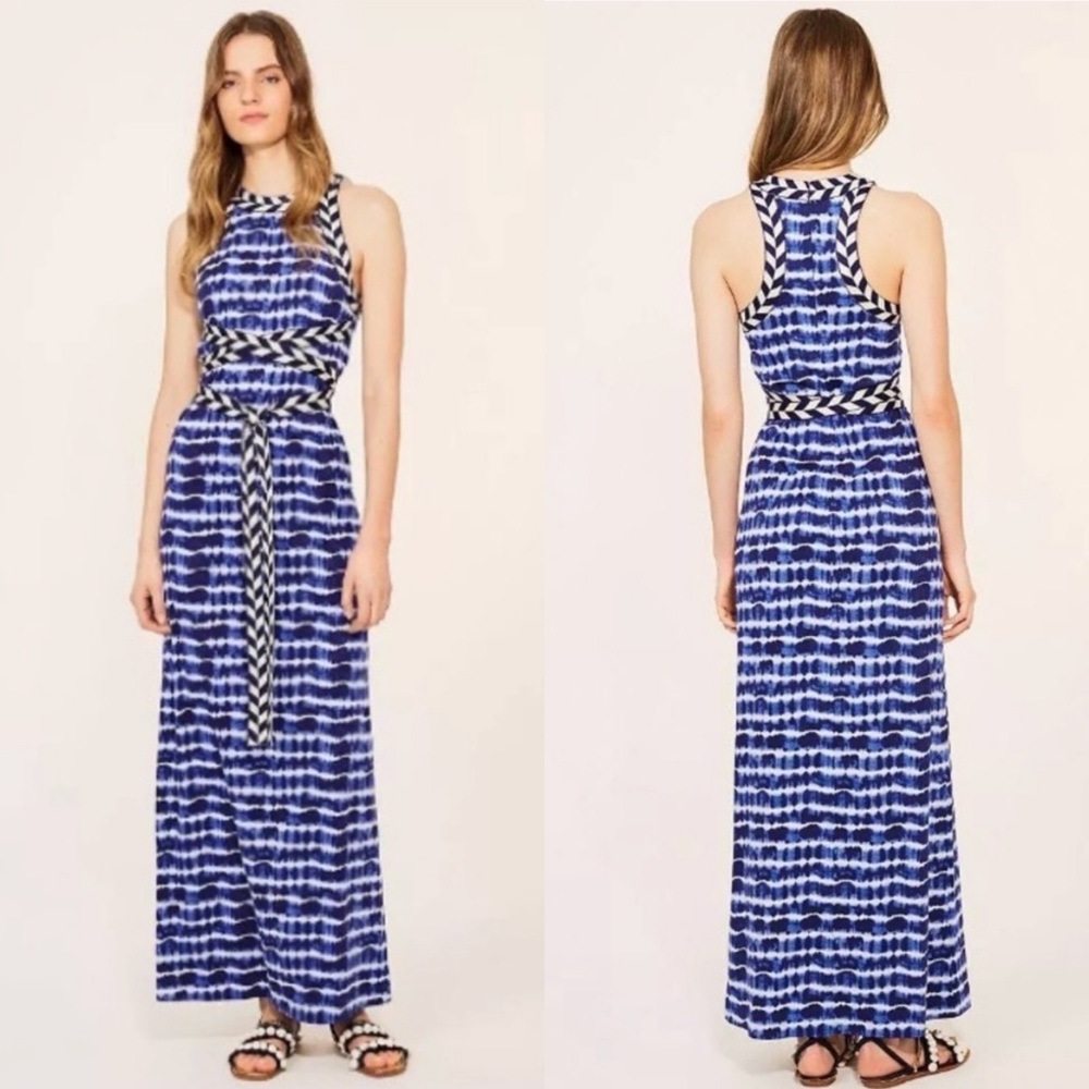 Tory Burch Blue White Tie-Dye Maxi Dress with Braided Waist Sash